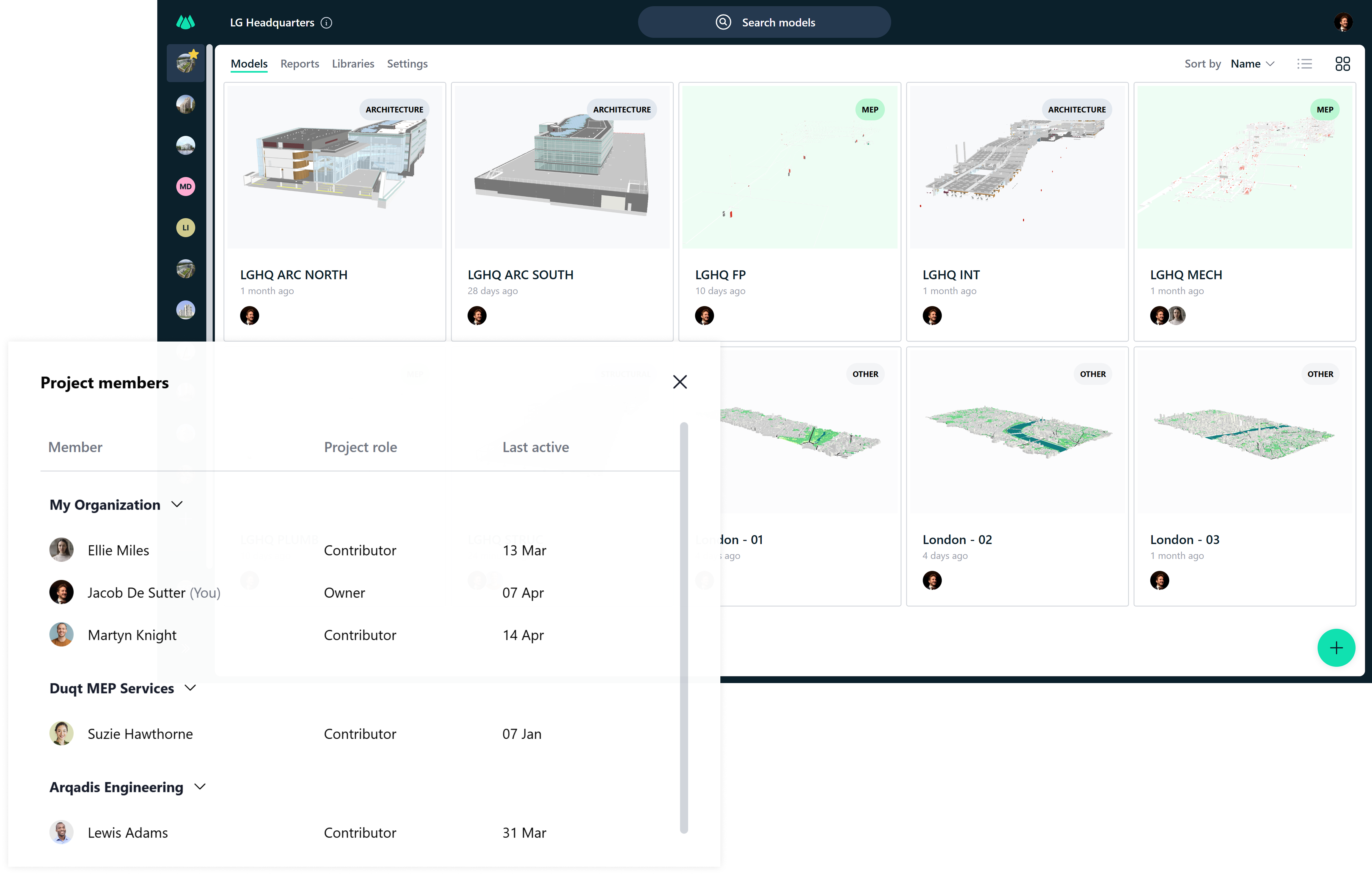 A list of all the project members of the current project opened in the Qonic Dashboard.