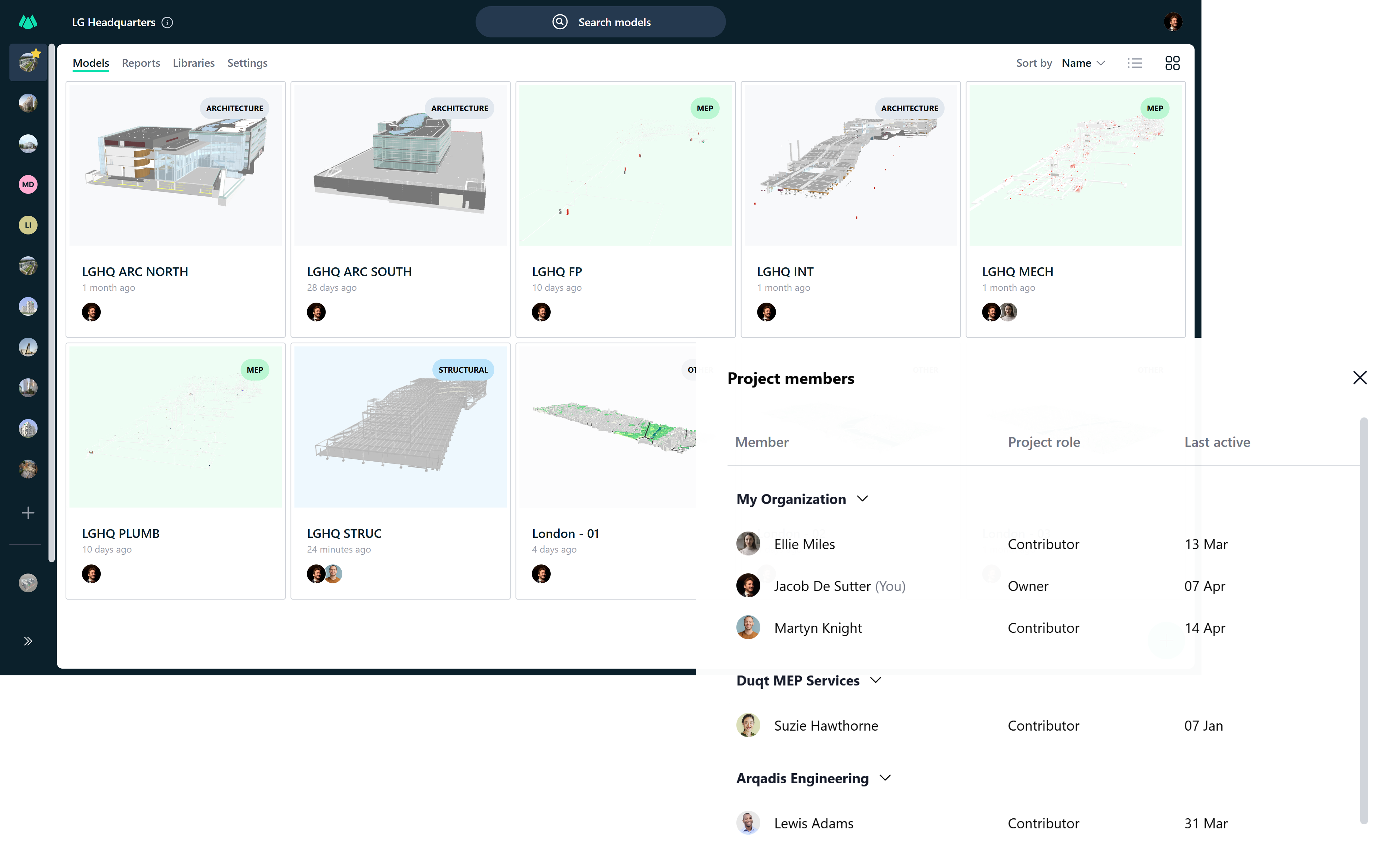 A list of all the project members of the current project opened in the Qonic Dashboard.
