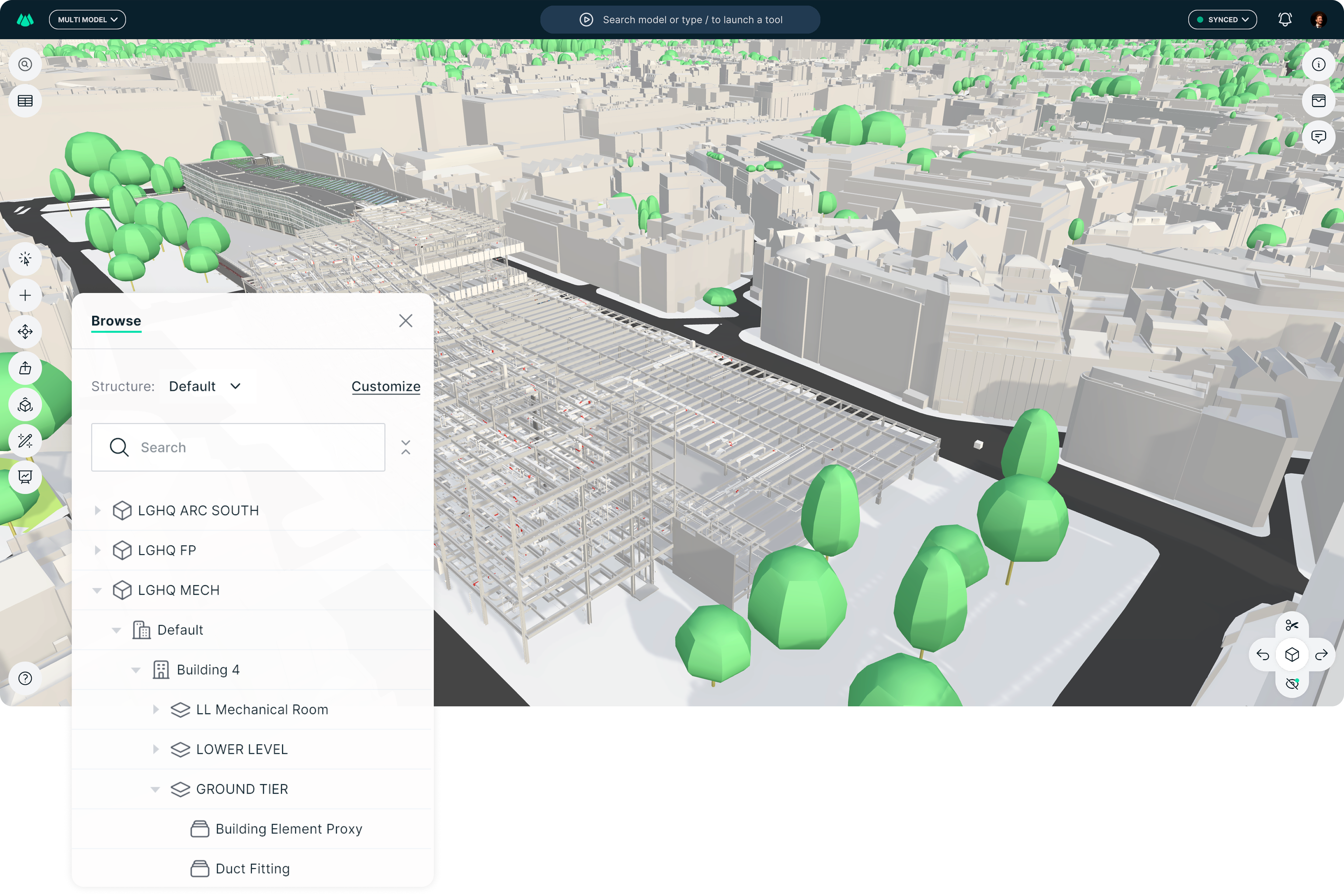 A big model opened in the Qonic App with its elements listed in the Browse panel.