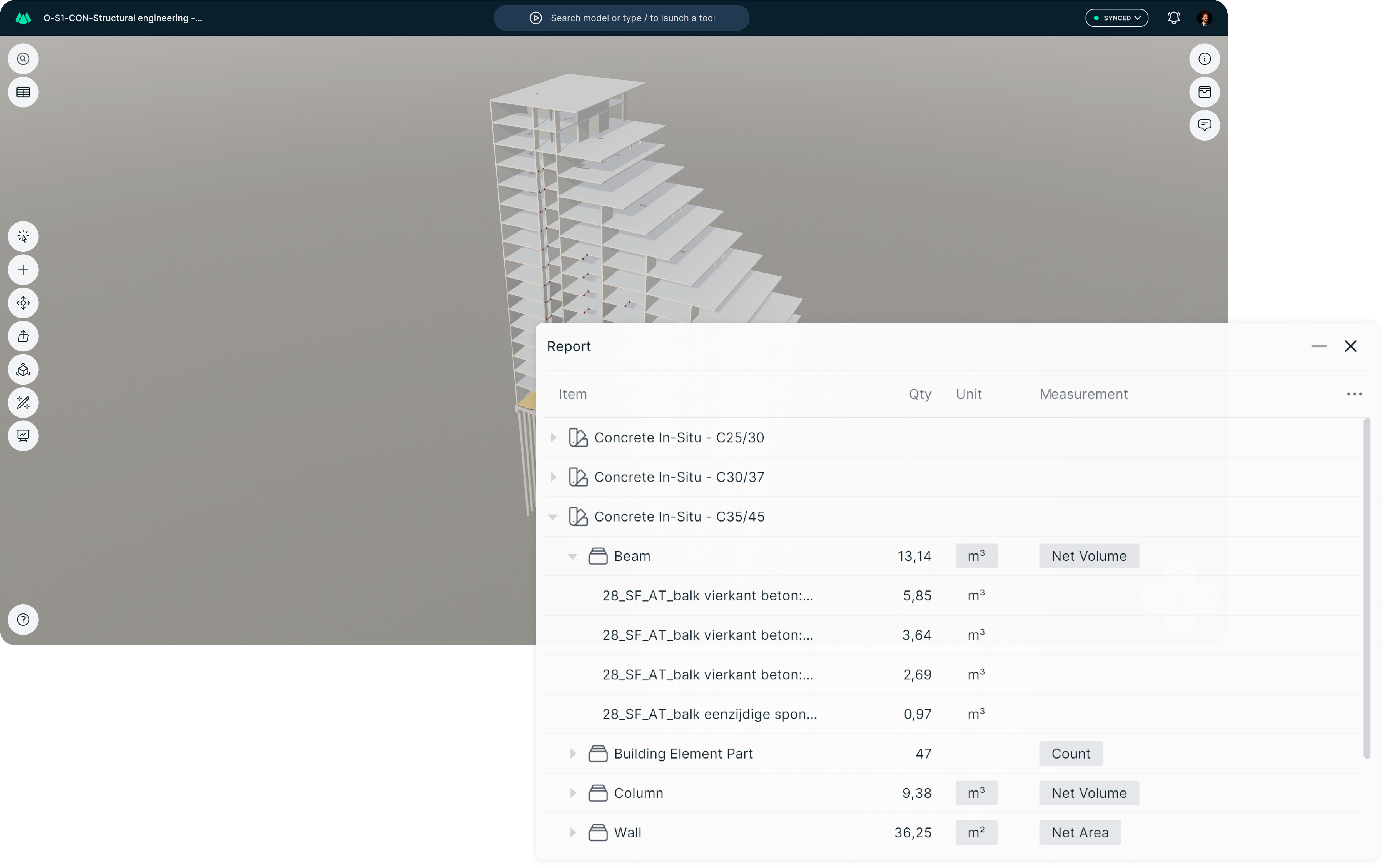 A big model opened in the Qonic App with its elements listed in the Report panel.